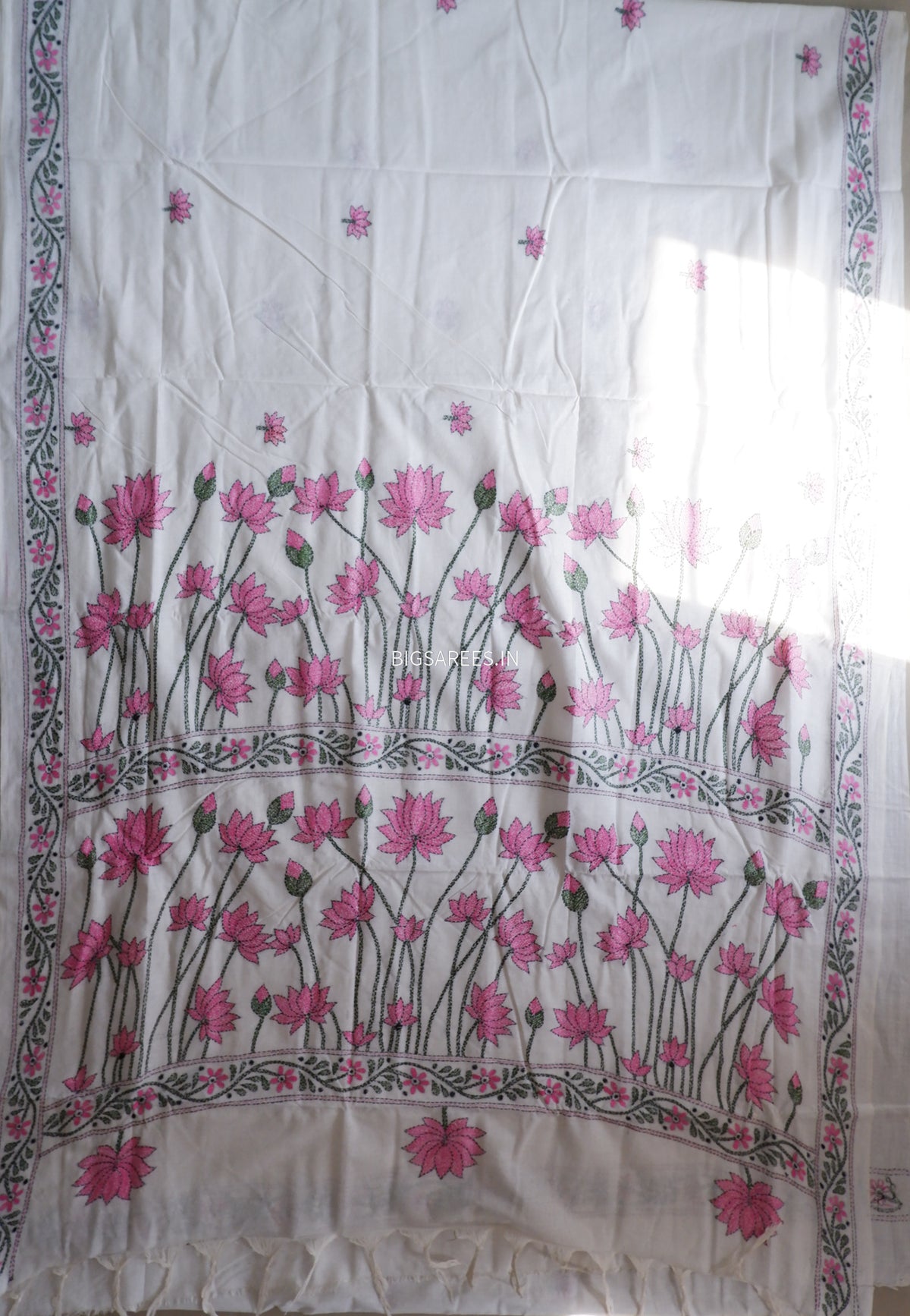 Kantha Hand-Embroidered Saree | Pure Khadi Cotton | White