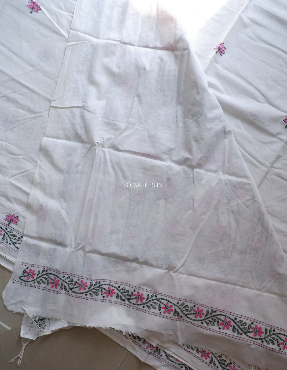 Kantha Hand-Embroidered Saree | Pure Khadi Cotton | White