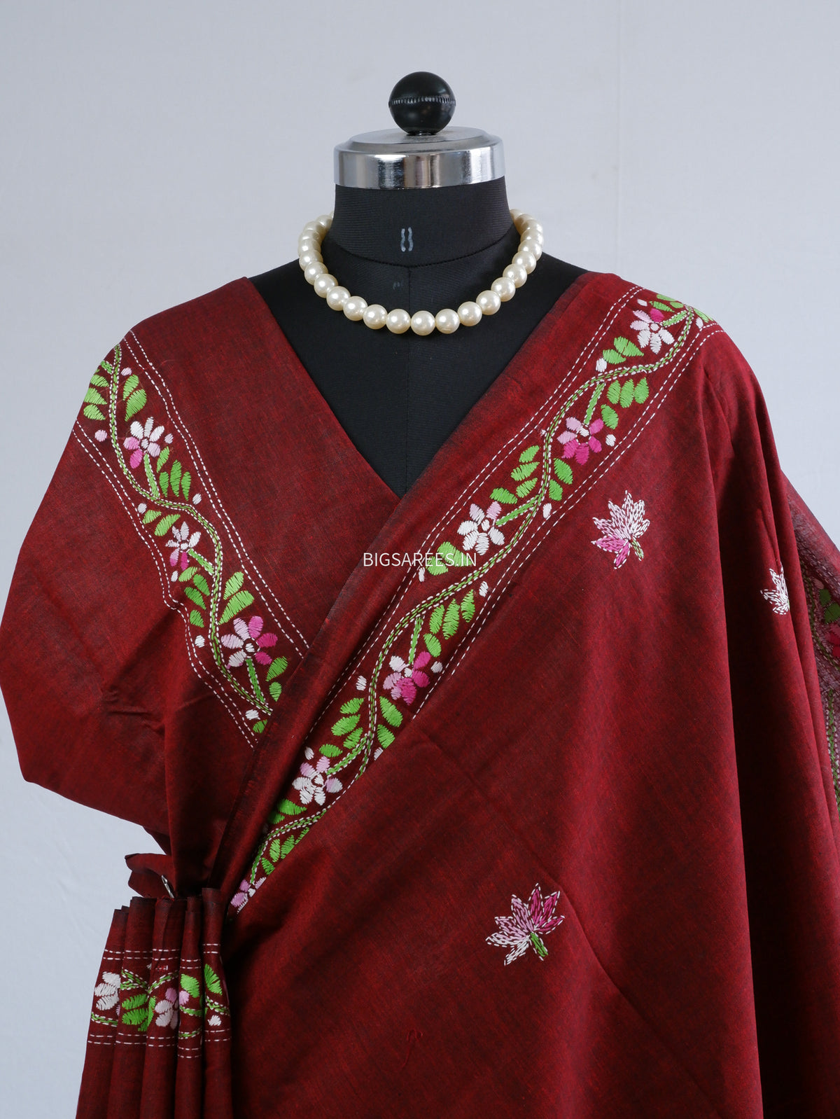 Kantha Hand-Embroidered Saree | Pure Khadi Cotton | Maroon
