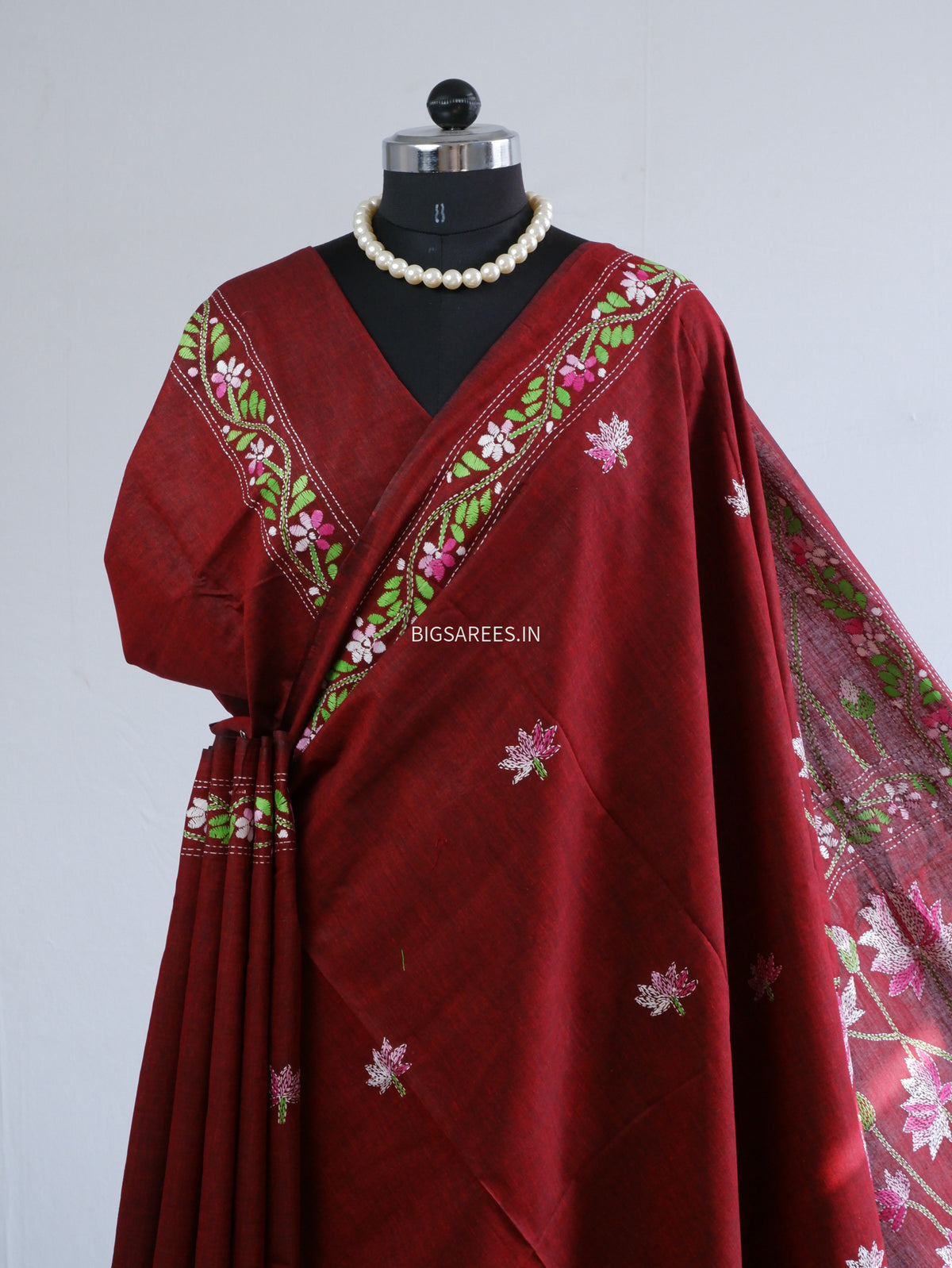 Kantha Hand-Embroidered Saree | Pure Khadi Cotton | Maroon