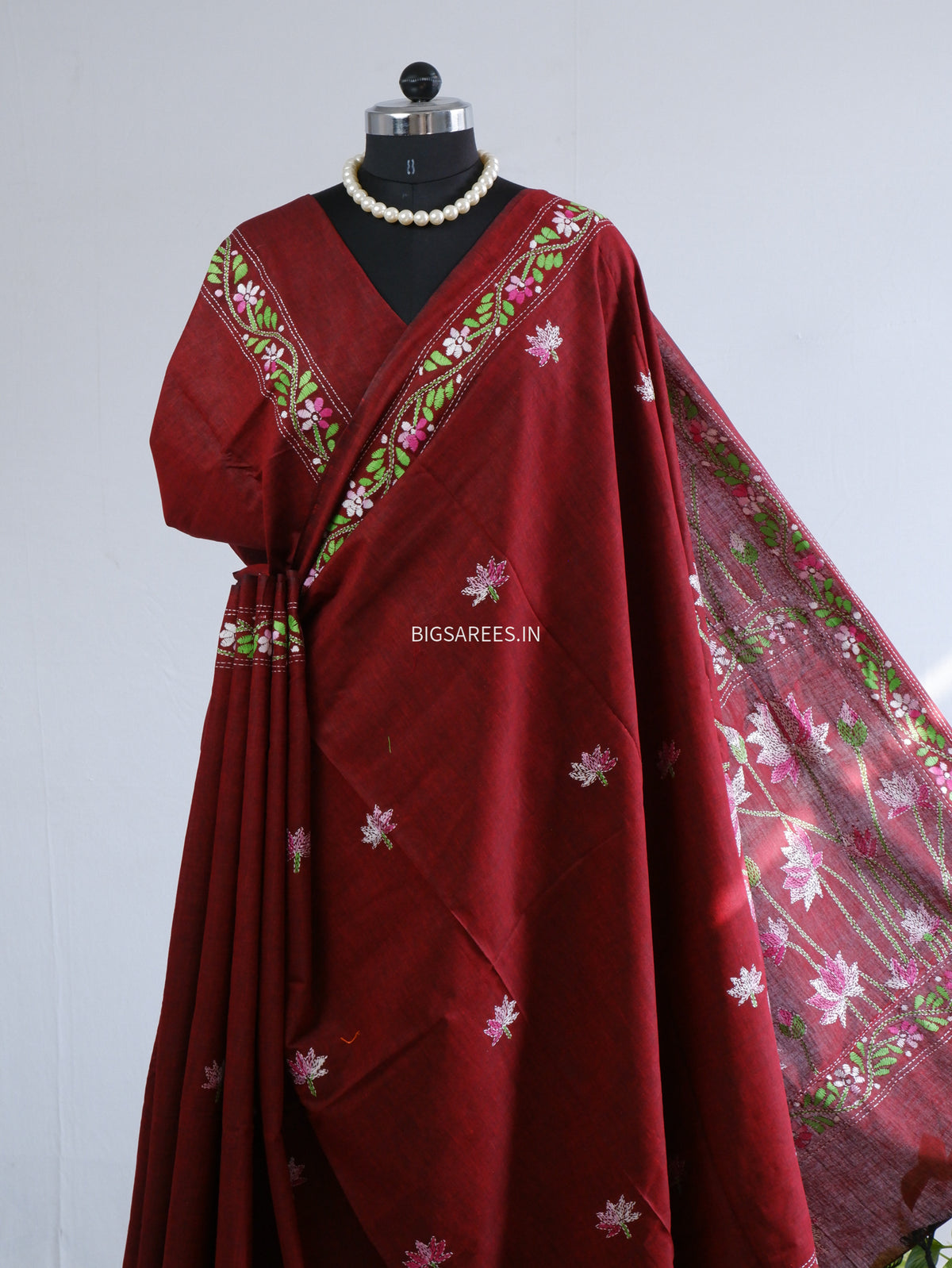 Kantha Hand-Embroidered Saree | Pure Khadi Cotton | Maroon