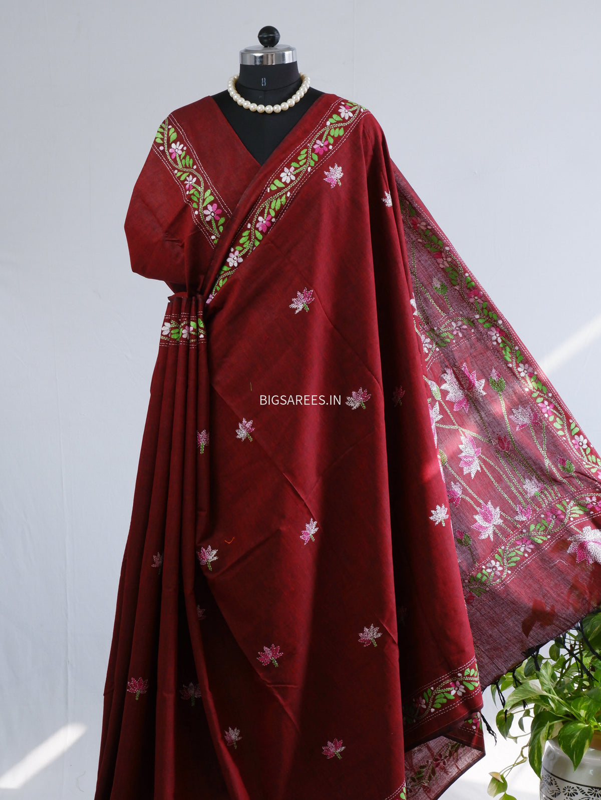 Kantha Hand-Embroidered Saree | Pure Khadi Cotton | Maroon