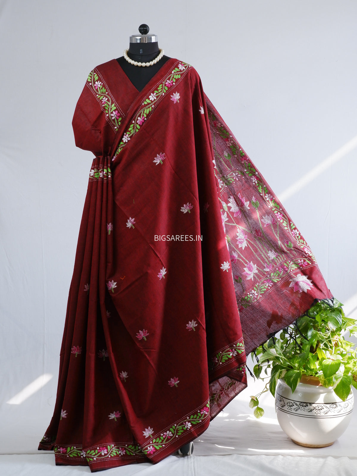 Kantha Hand-Embroidered Saree | Pure Khadi Cotton | Maroon