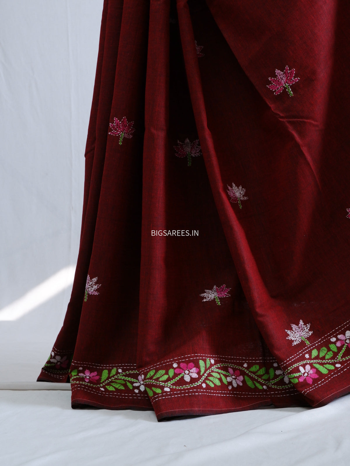 Kantha Hand-Embroidered Saree | Pure Khadi Cotton | Maroon
