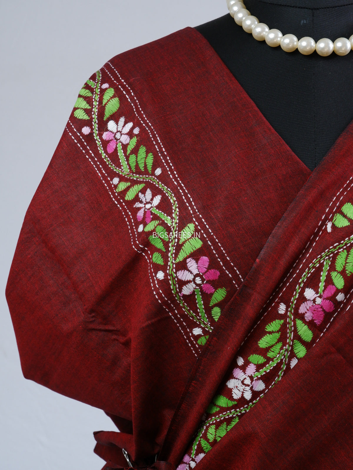Kantha Hand-Embroidered Saree | Pure Khadi Cotton | Maroon