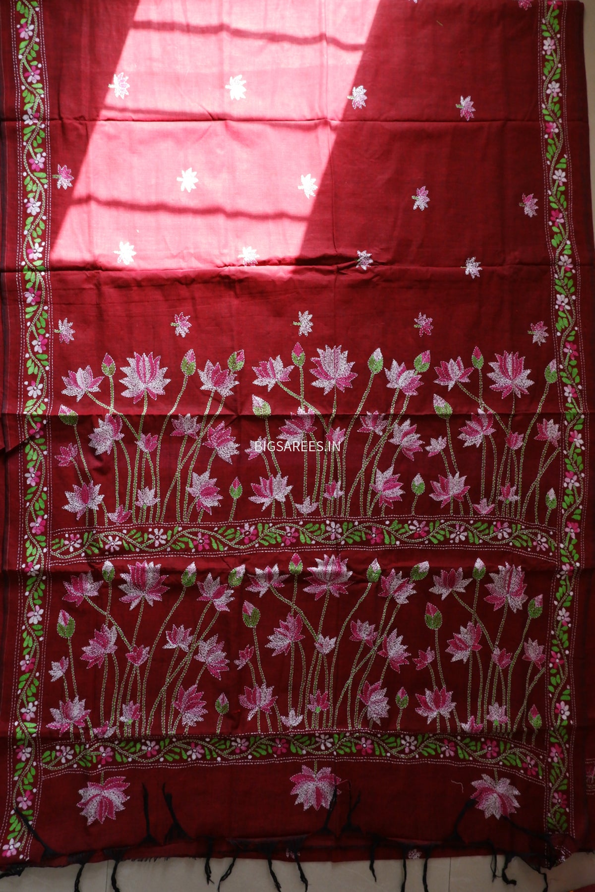 Kantha Hand-Embroidered Saree | Pure Khadi Cotton | Maroon