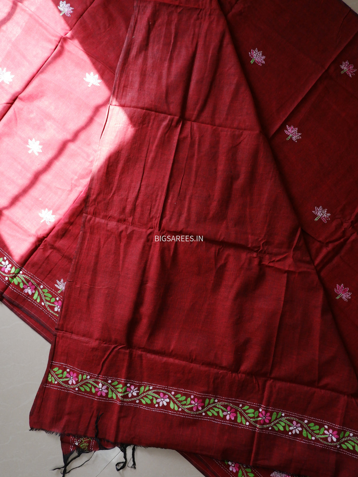 Kantha Hand-Embroidered Saree | Pure Khadi Cotton | Maroon