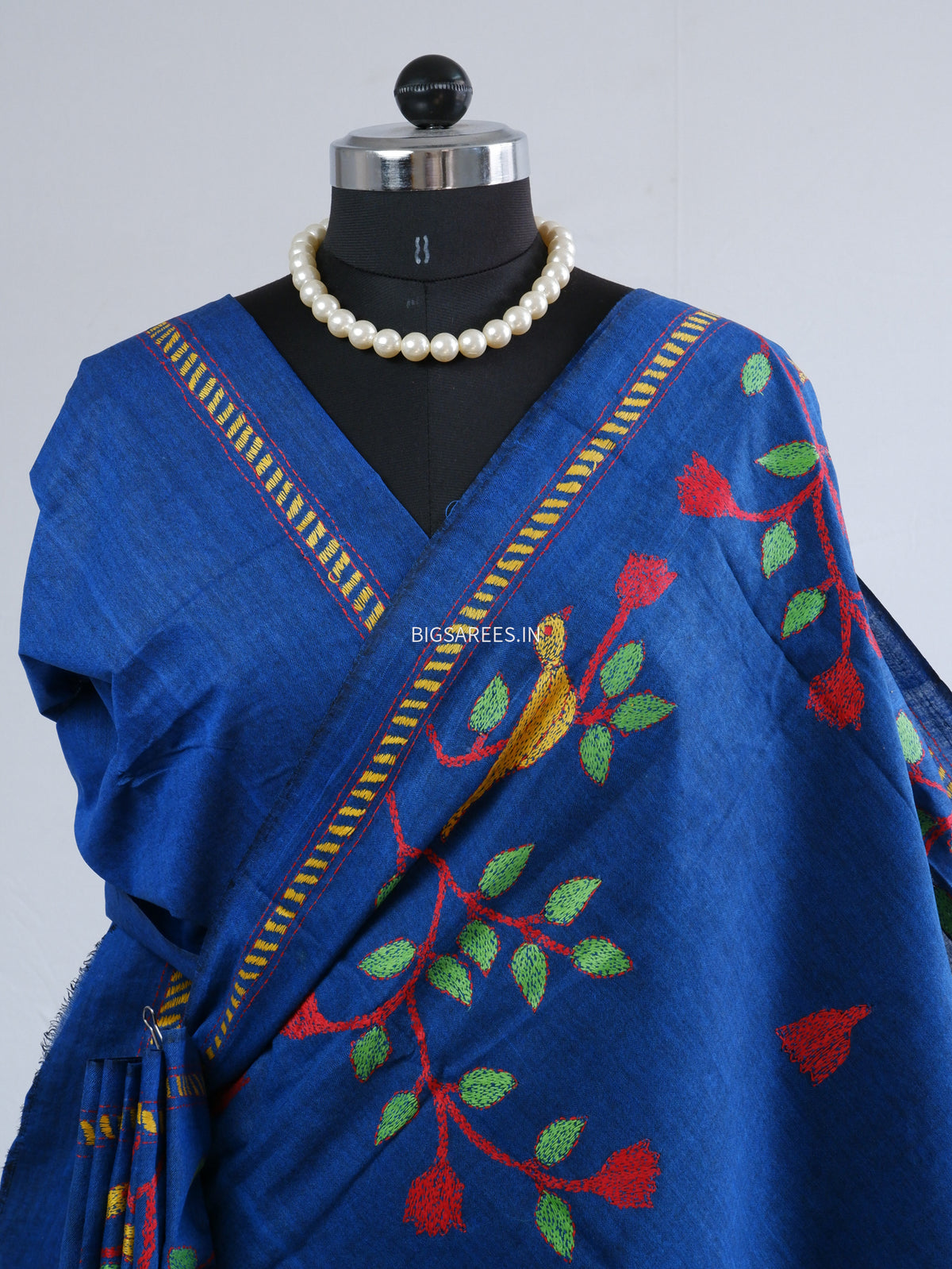Kantha Hand-Embroidered Saree | Pure Khadi Cotton | Blue