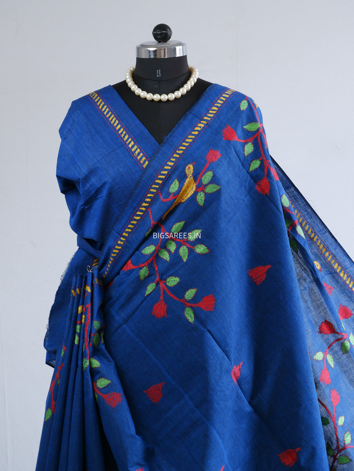 Kantha Hand-Embroidered Saree | Pure Khadi Cotton | Blue