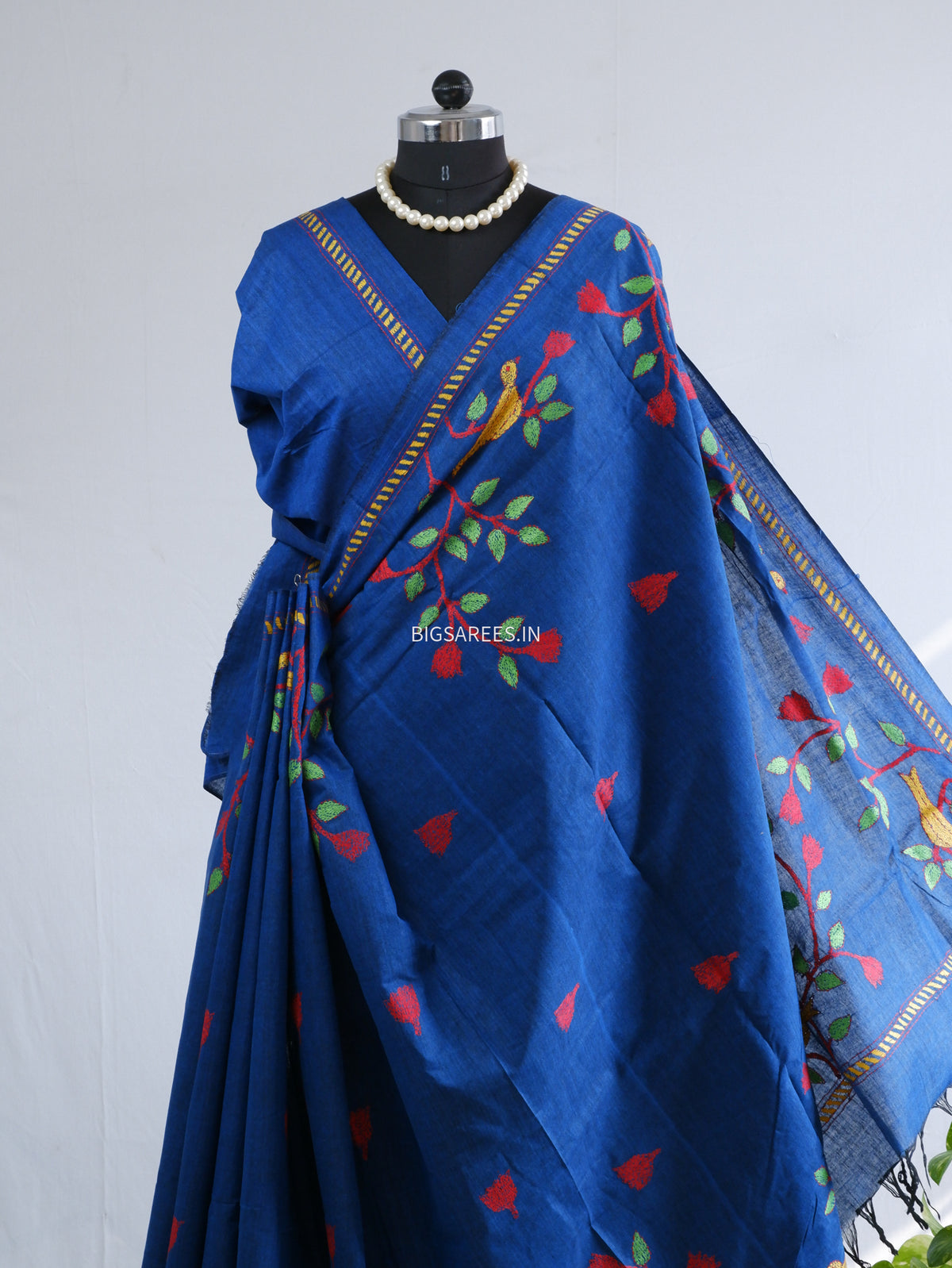 Kantha Hand-Embroidered Saree | Pure Khadi Cotton | Blue