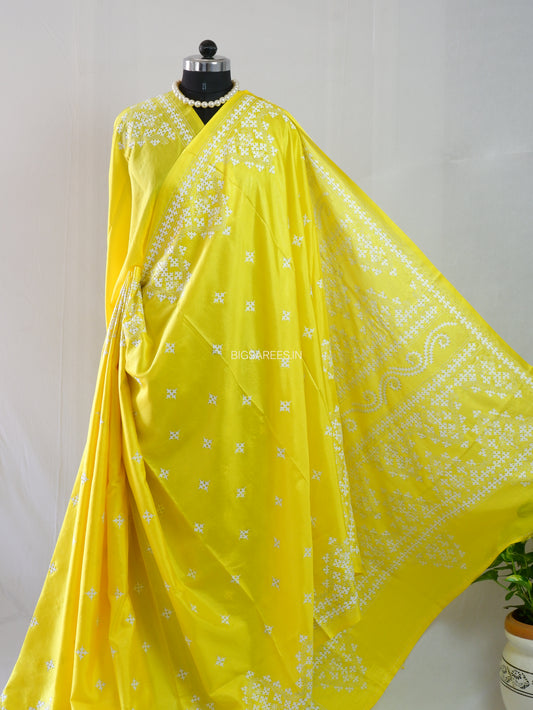 Kutchi/Gujarati Hand Embroidered Saree  | Blended Bangalore Silk / Art Silk | Bright Yellow