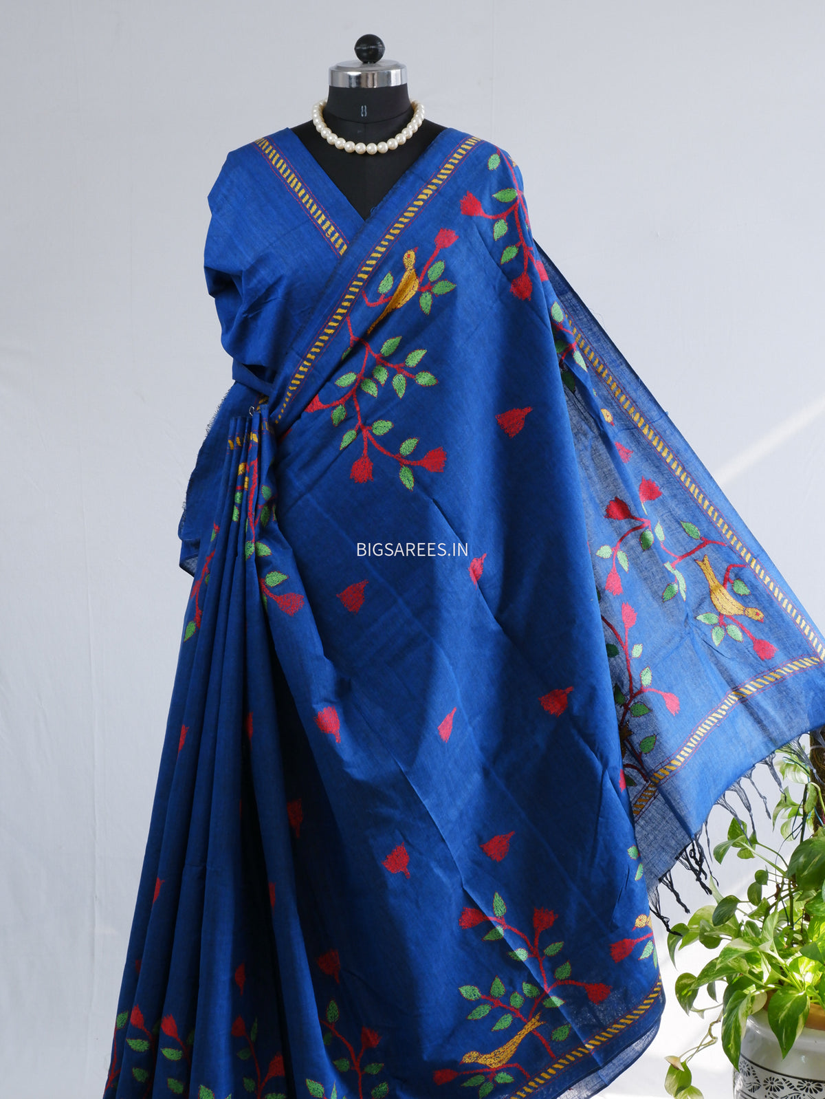 Kantha Hand-Embroidered Saree | Pure Khadi Cotton | Blue