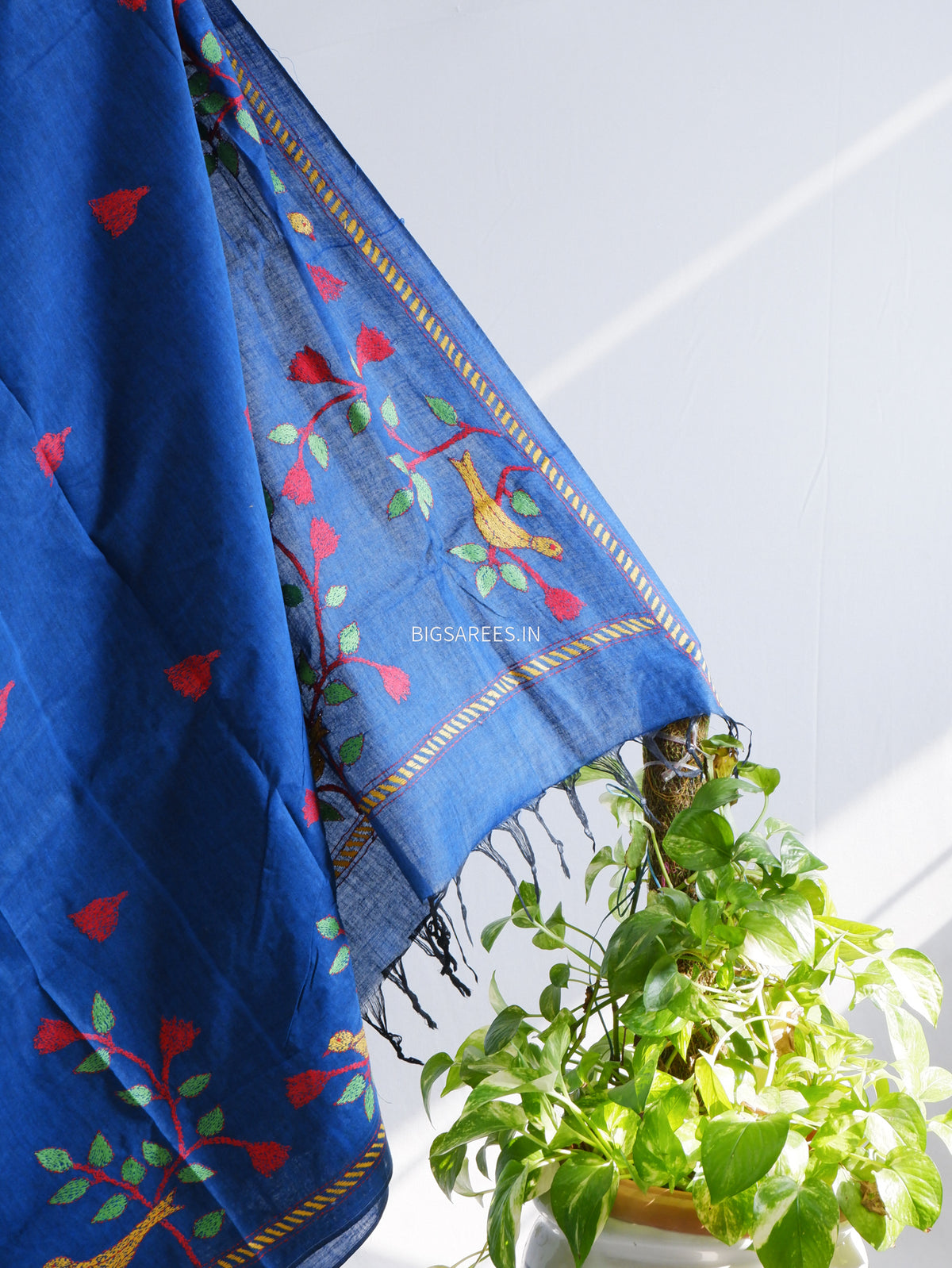 Kantha Hand-Embroidered Saree | Pure Khadi Cotton | Blue