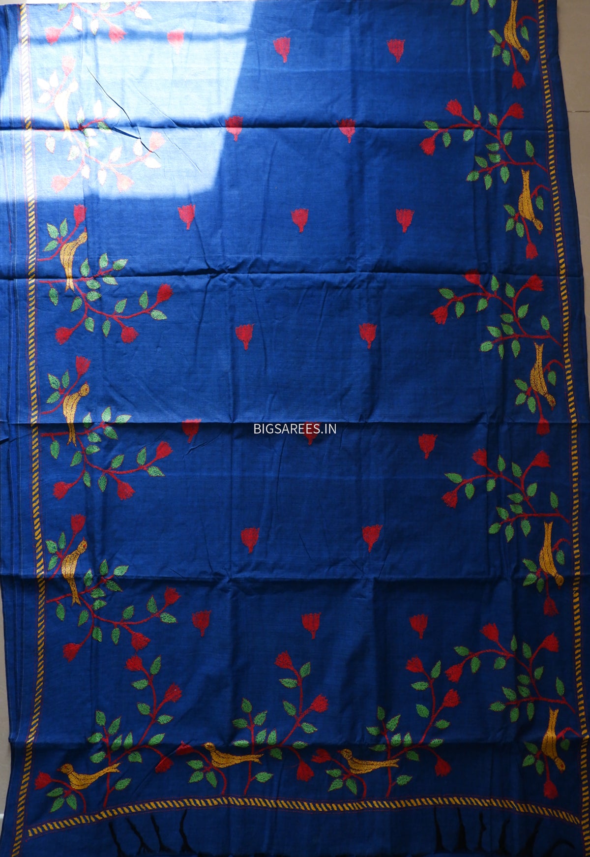 Kantha Hand-Embroidered Saree | Pure Khadi Cotton | Blue