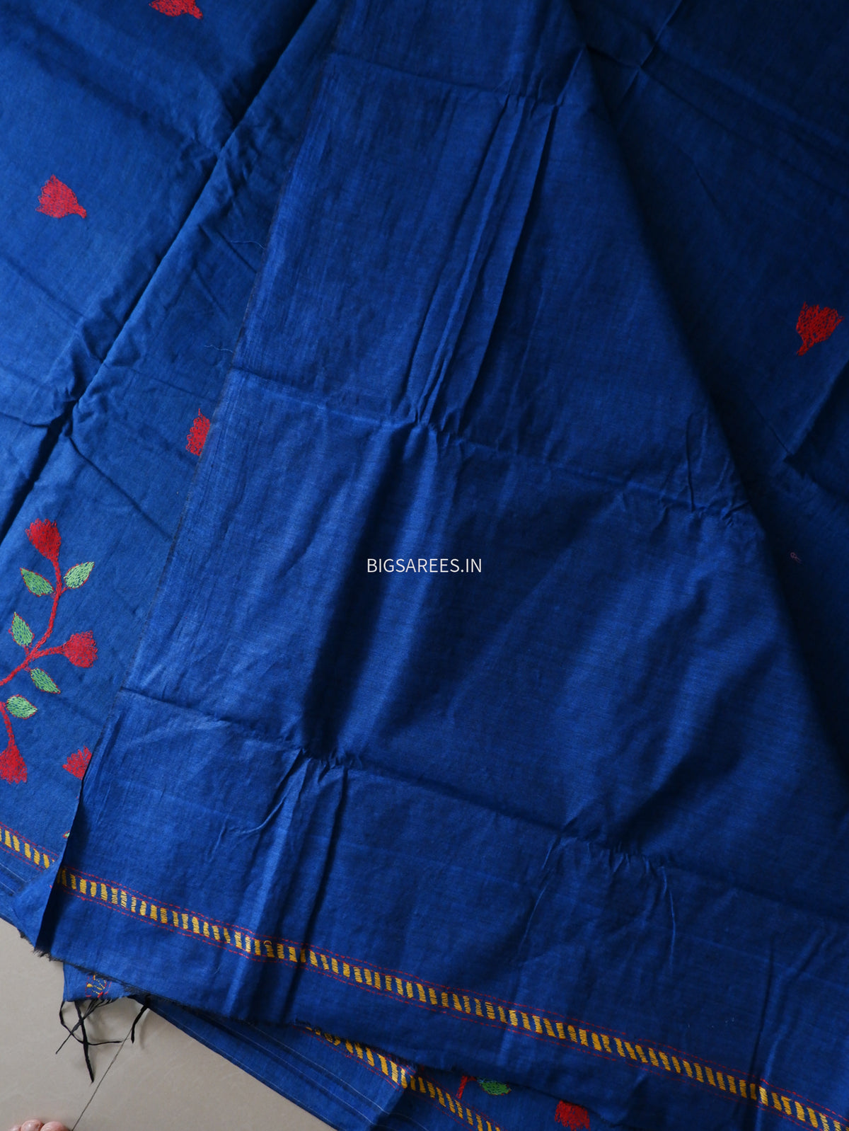 Kantha Hand-Embroidered Saree | Pure Khadi Cotton | Blue