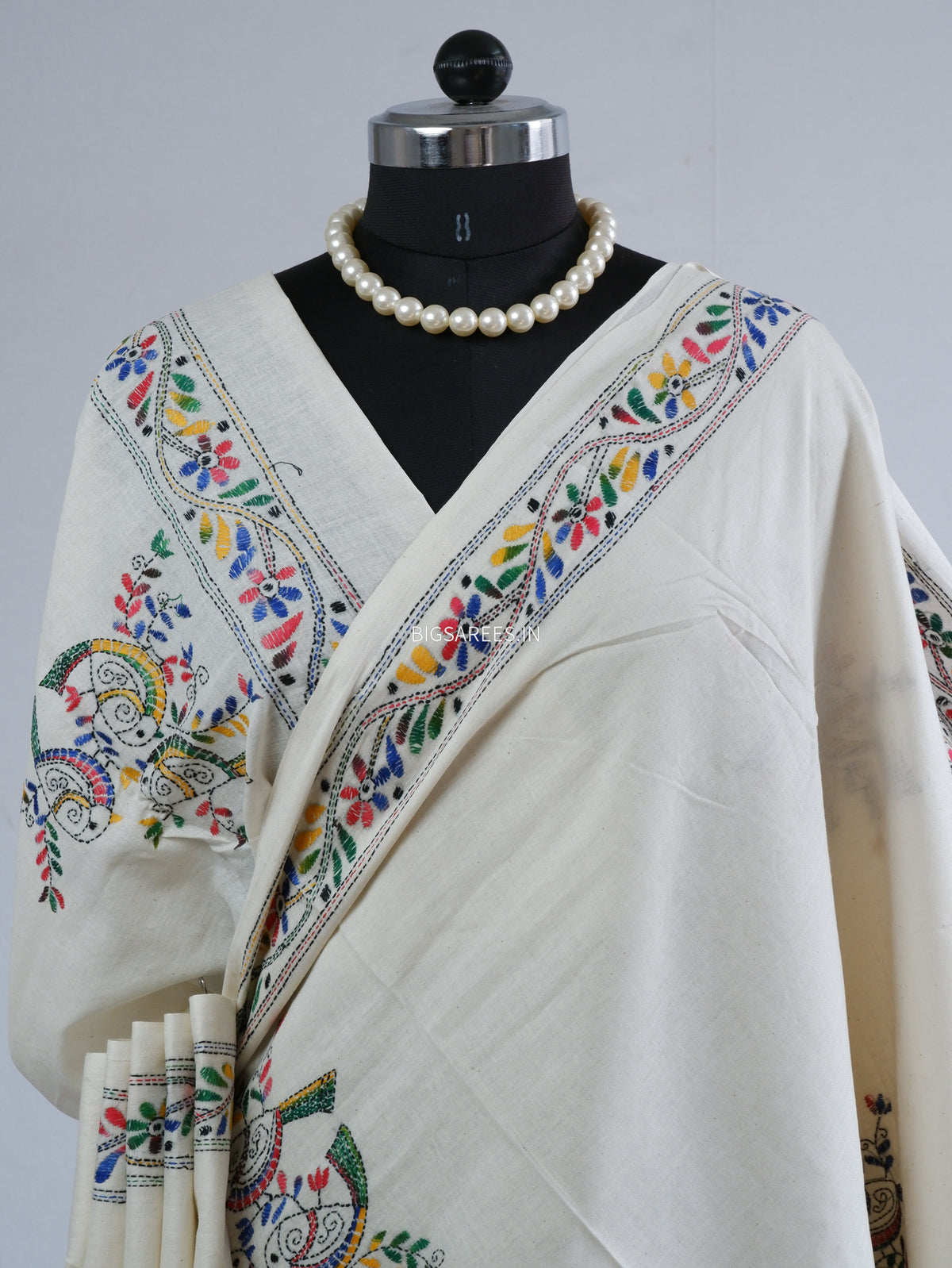Kantha Hand-Embroidered Saree | Pure Khadi Cotton | White