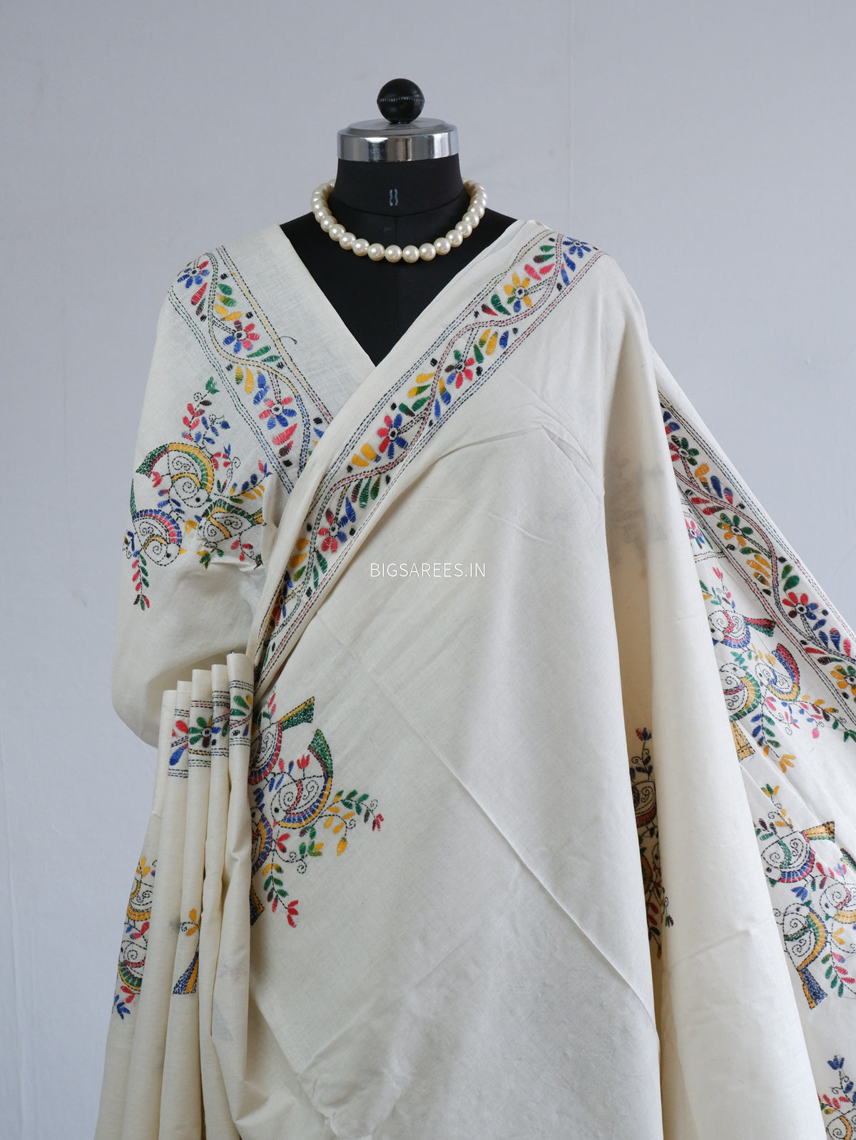 Kantha Hand-Embroidered Saree | Pure Khadi Cotton | White