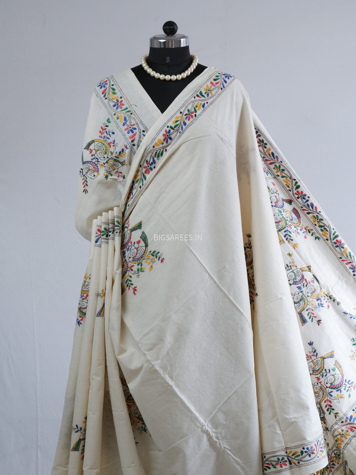 Kantha Hand-Embroidered Saree | Pure Khadi Cotton | White