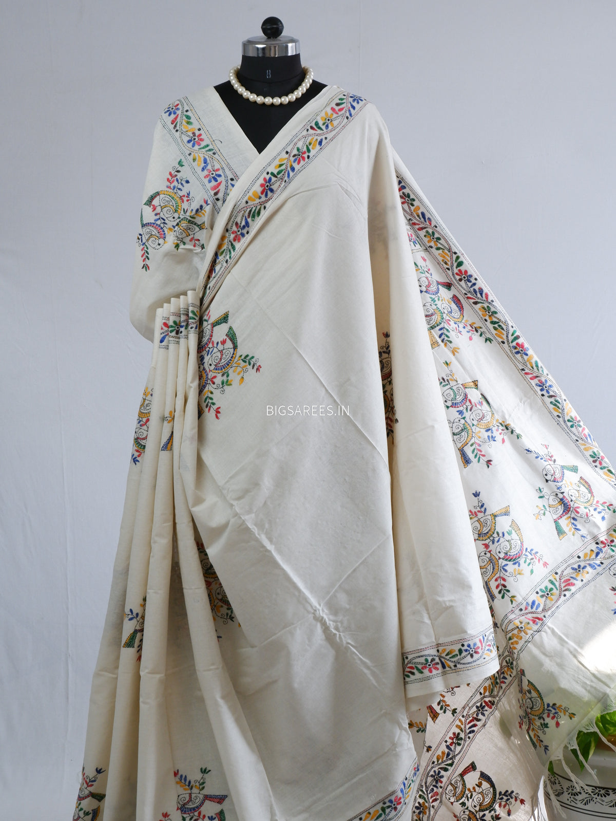 Kantha Hand-Embroidered Saree | Pure Khadi Cotton | White