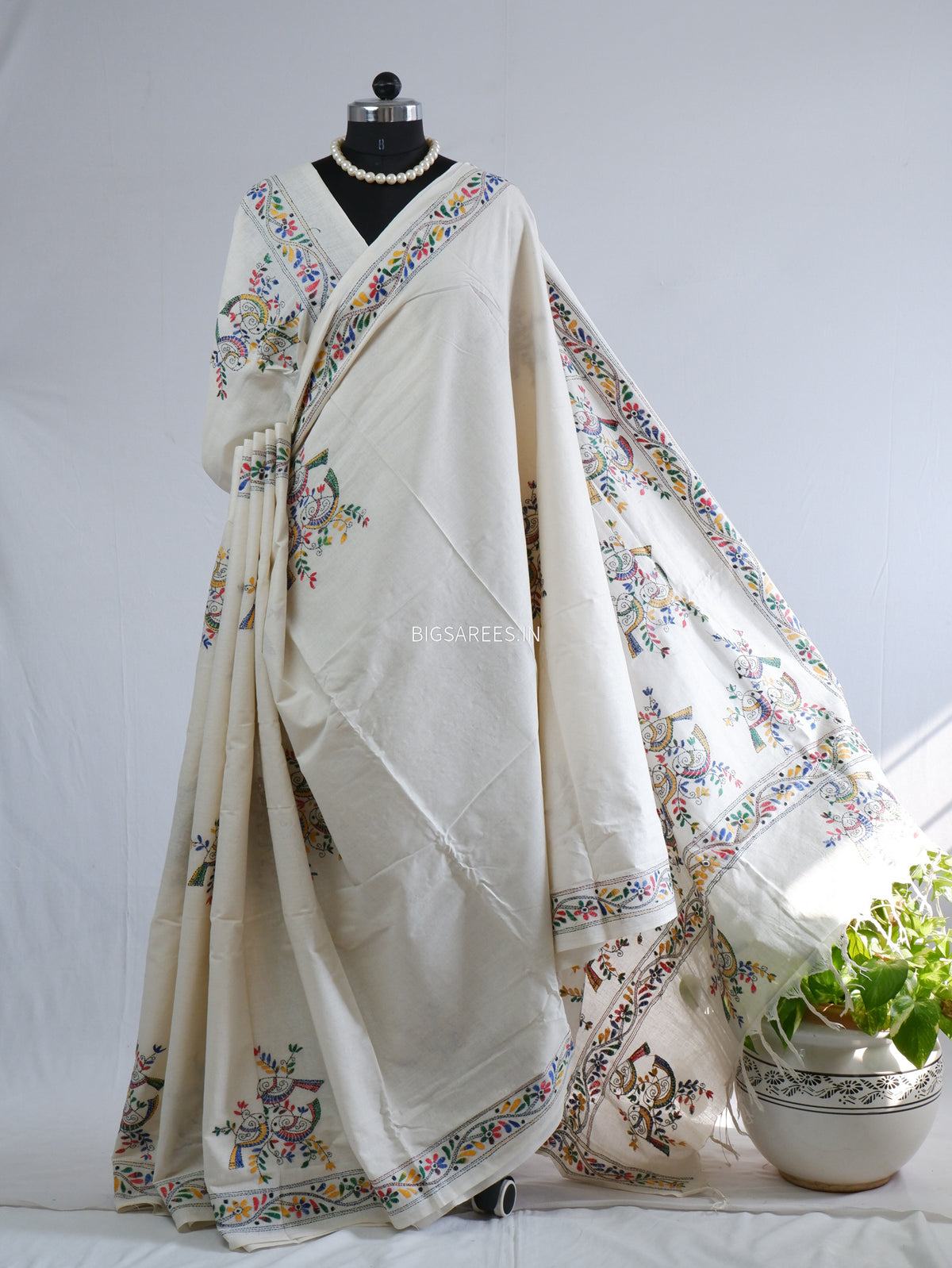 Kantha Hand-Embroidered Saree | Pure Khadi Cotton | White