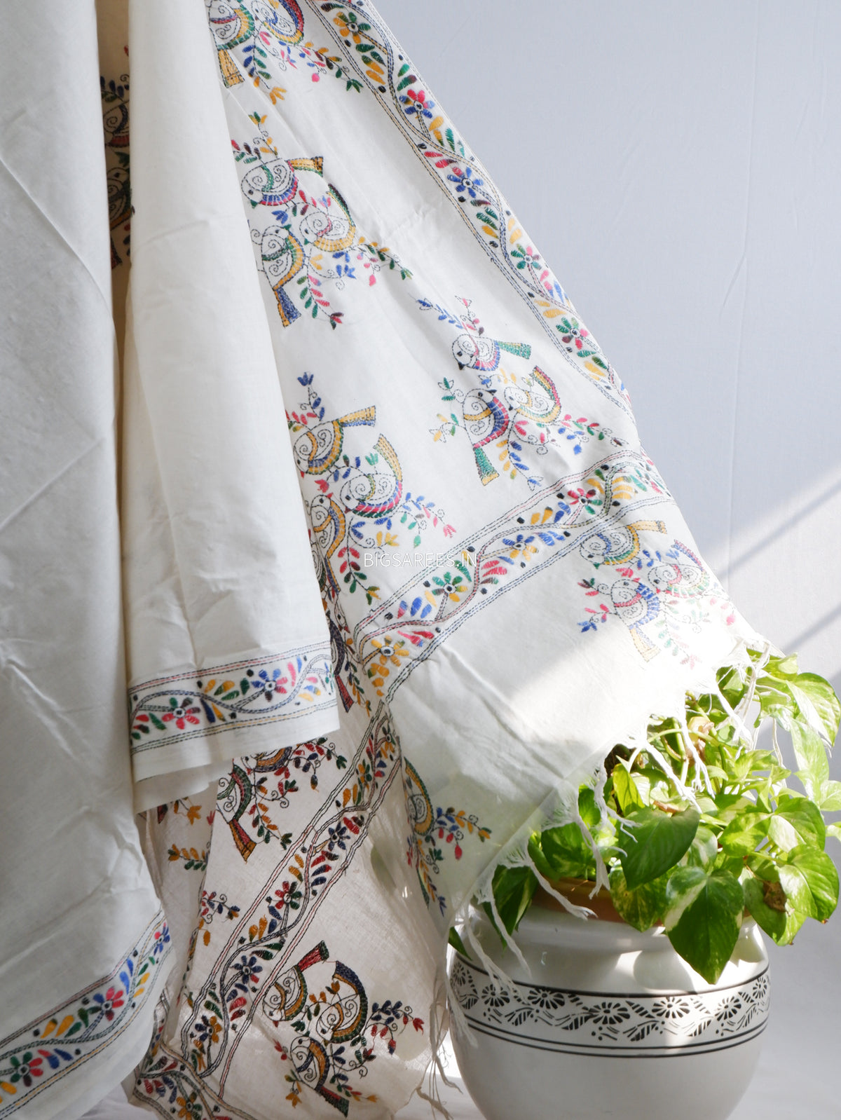 Kantha Hand-Embroidered Saree | Pure Khadi Cotton | White