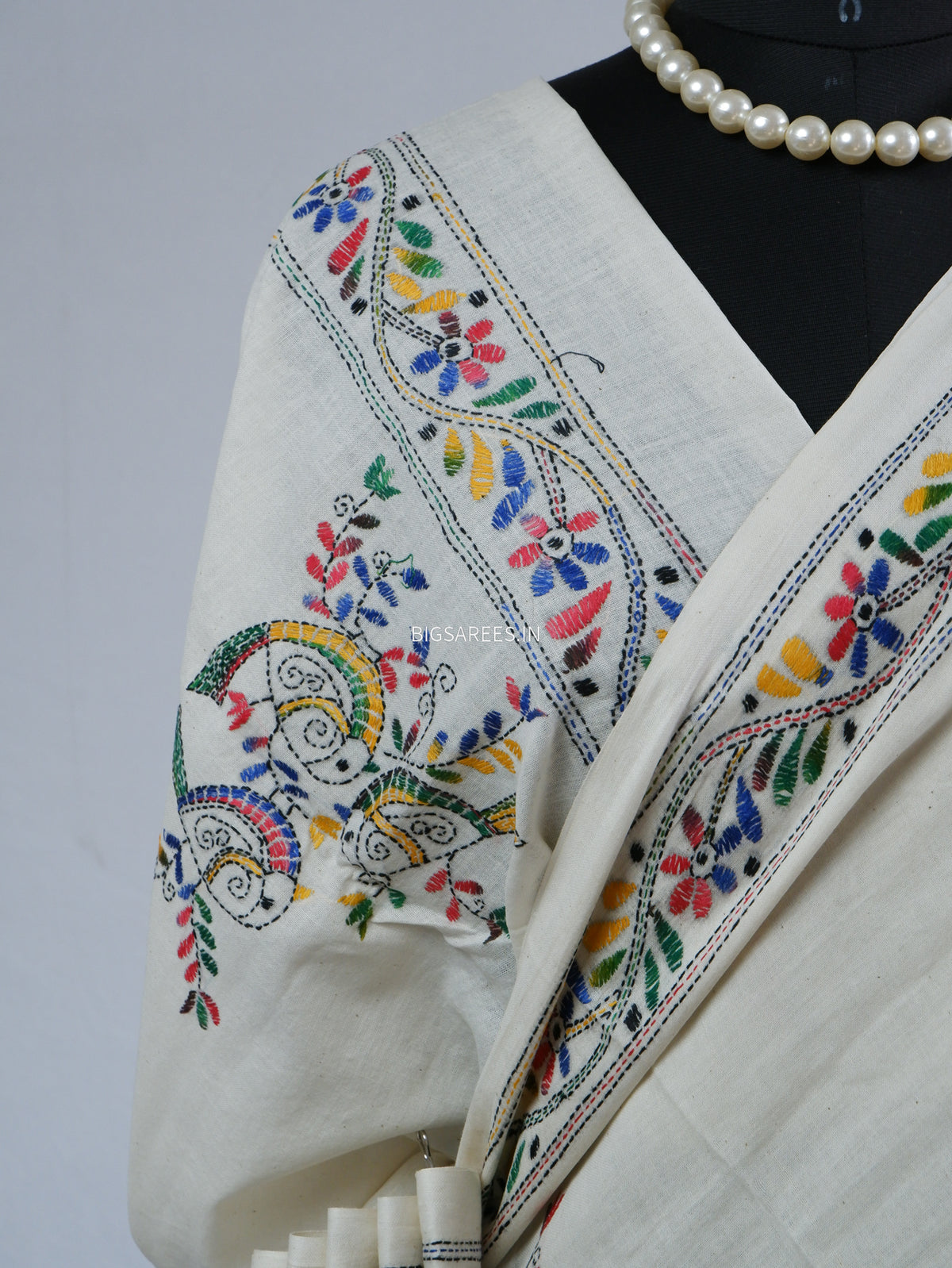 Kantha Hand-Embroidered Saree | Pure Khadi Cotton | White