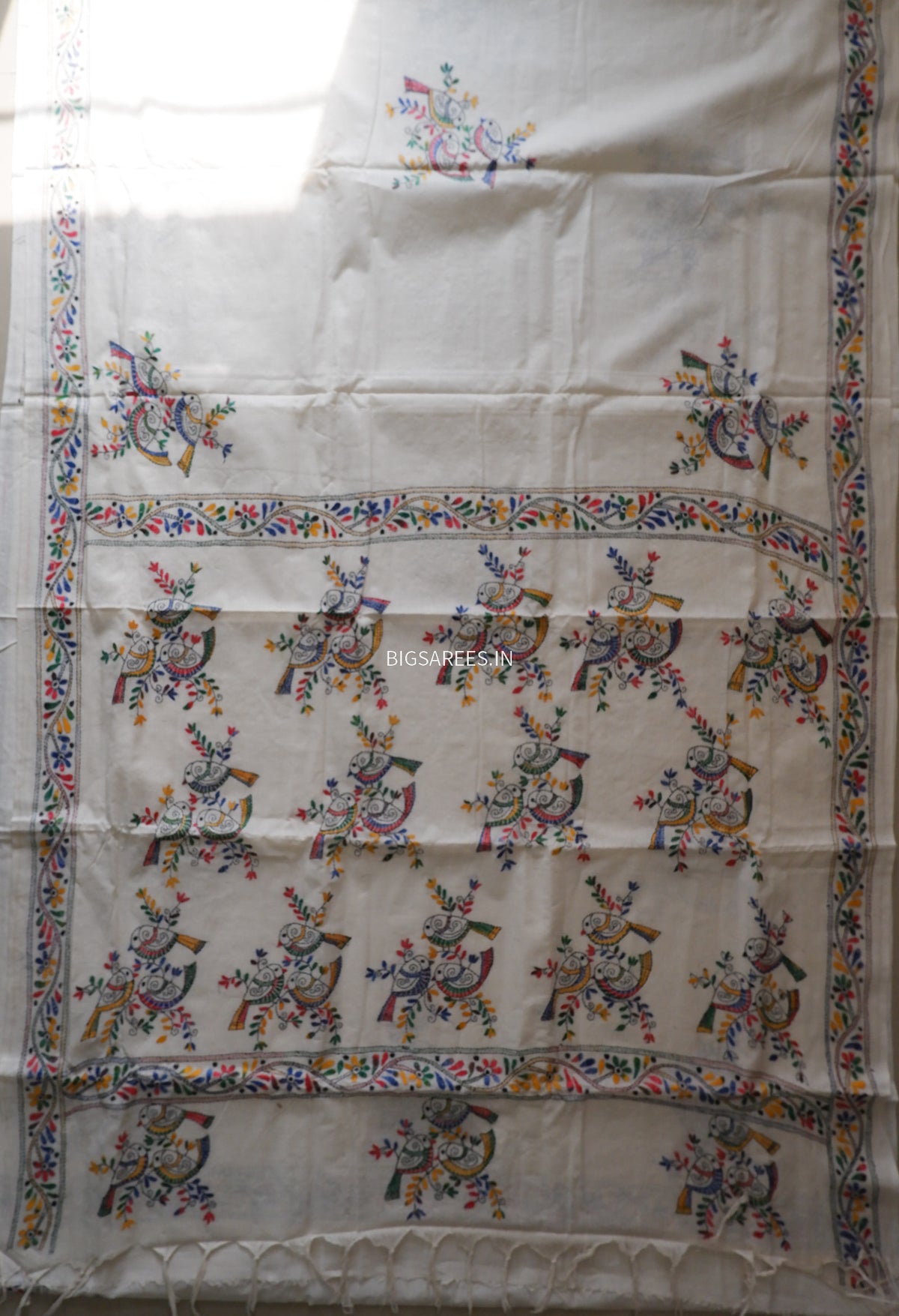 Kantha Hand-Embroidered Saree | Pure Khadi Cotton | White