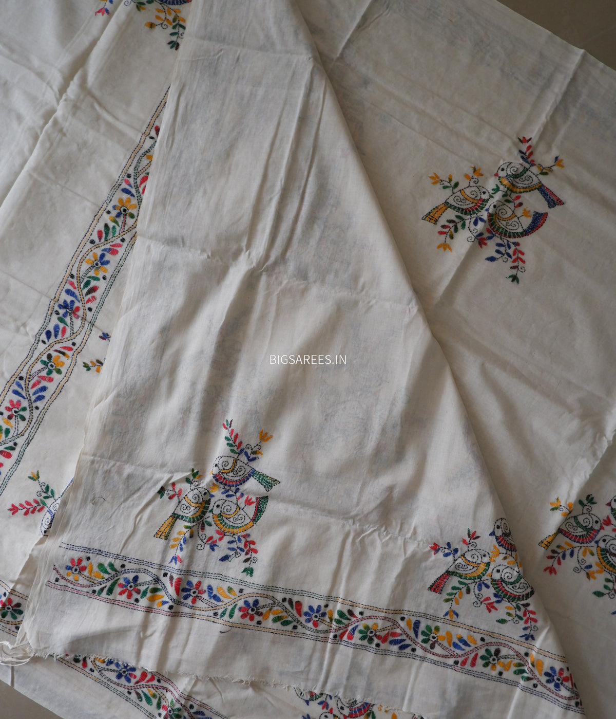 Kantha Hand-Embroidered Saree | Pure Khadi Cotton | White