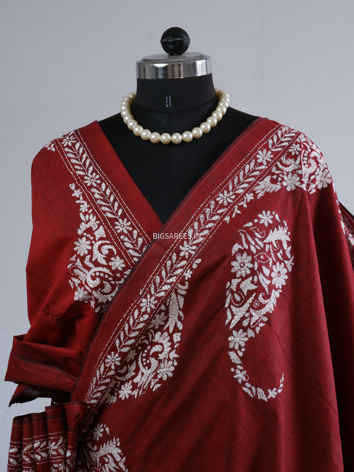 Kantha Stitch Hand-Embroidered Saree | Khadi Cotton | Maroon