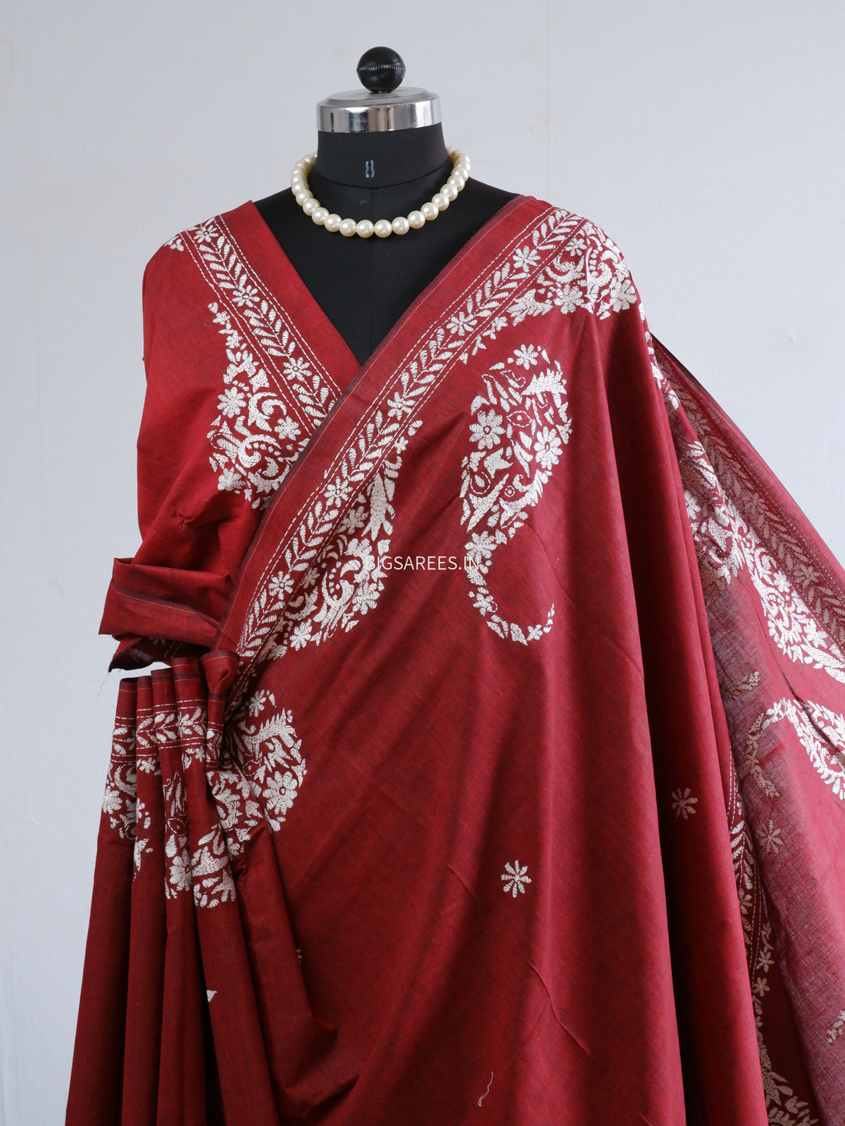 Kantha Stitch Hand-Embroidered Saree | Khadi Cotton | Maroon