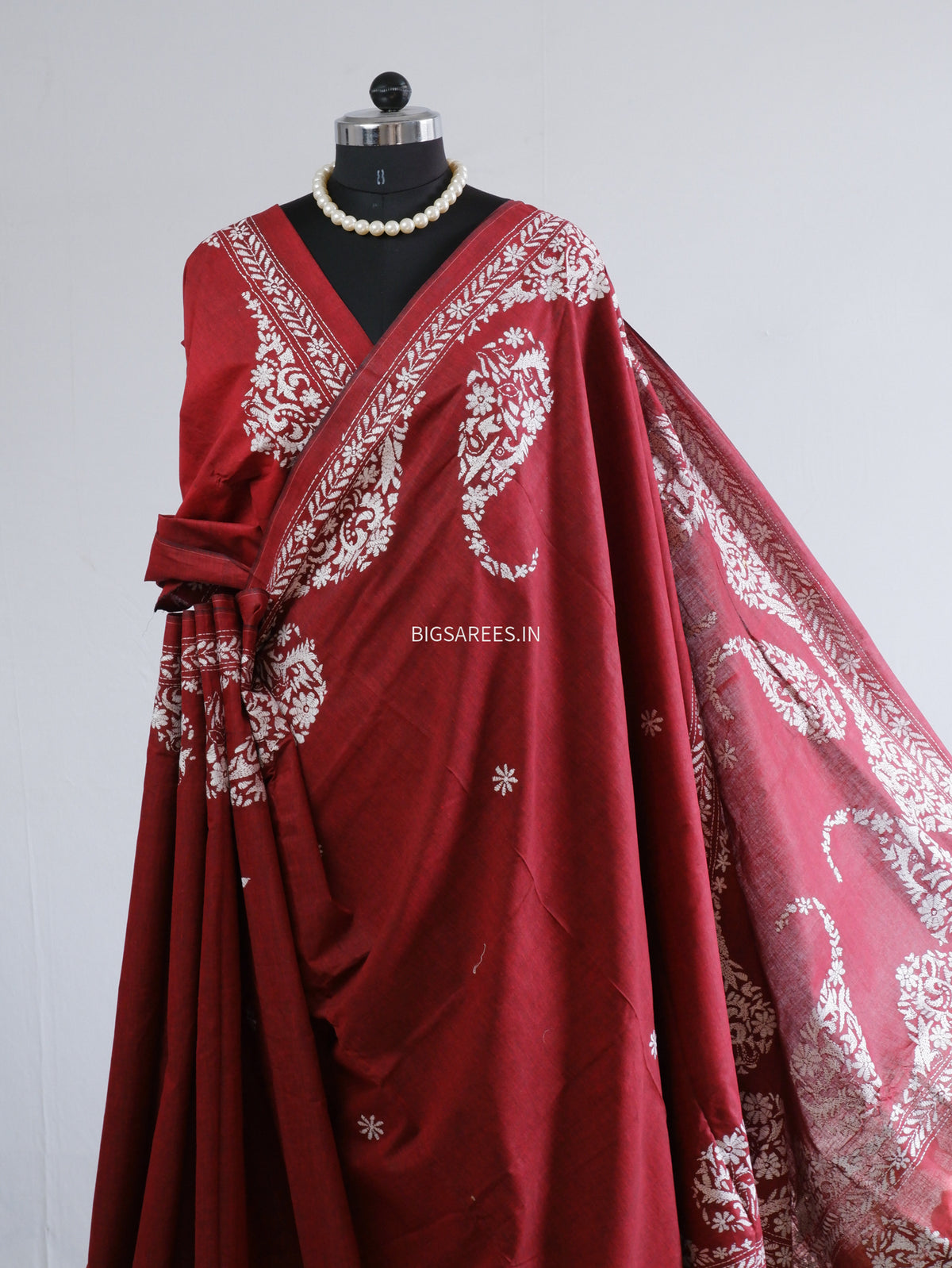 Kantha Stitch Hand-Embroidered Saree | Khadi Cotton | Maroon