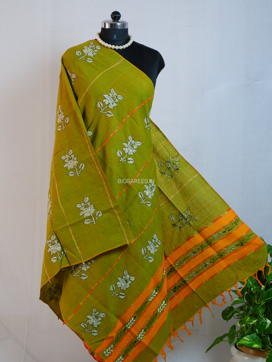 Hand Embroidered Kantha-Stitch Dupatta | Pure Khesh Cotton | Green