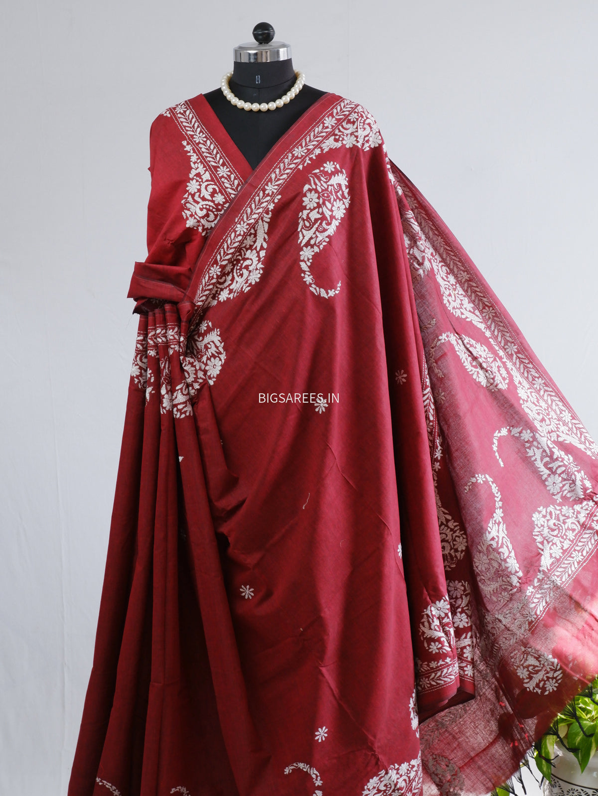 Kantha Stitch Hand-Embroidered Saree | Khadi Cotton | Maroon