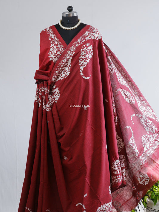 Kantha Stitch Hand-Embroidered Saree | Khadi Cotton | Maroon