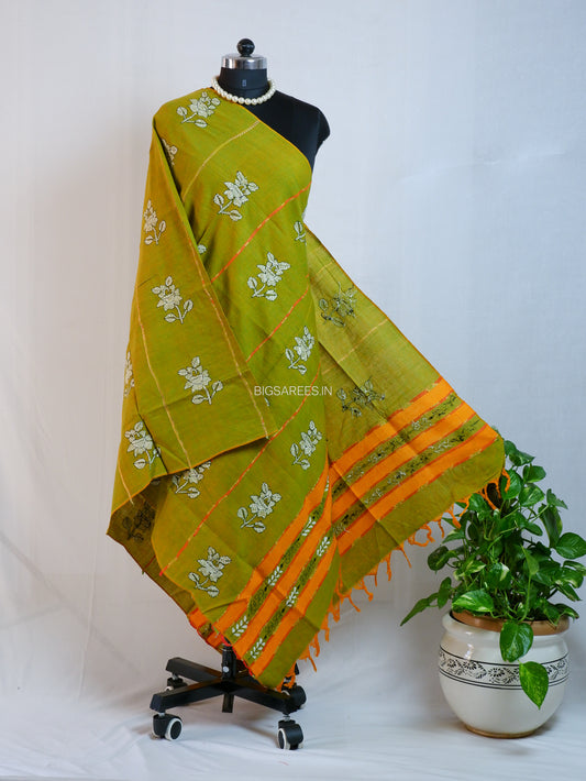 Hand Embroidered Kantha-Stitch Dupatta | Pure Khesh Cotton | Green