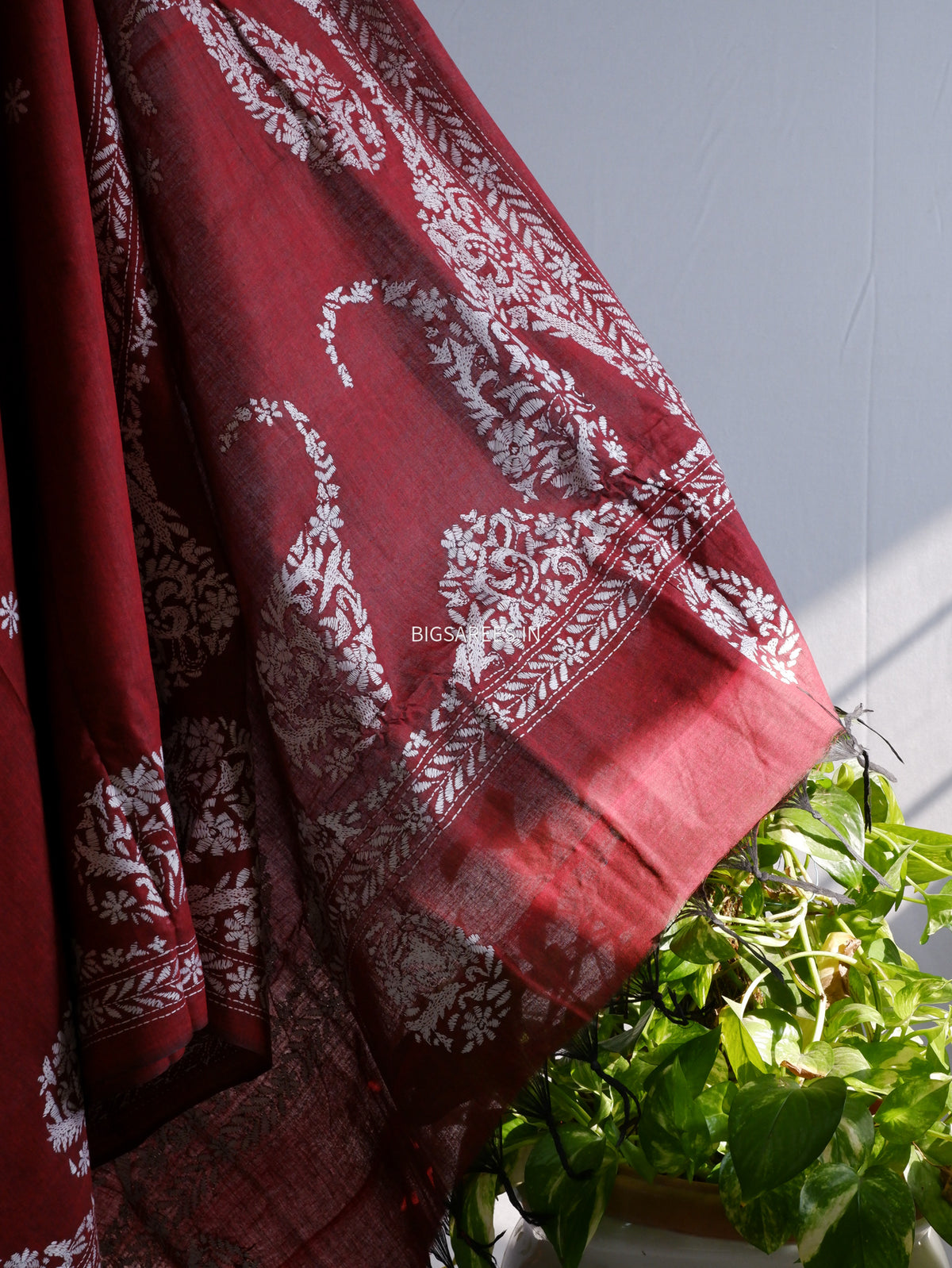 Kantha Stitch Hand-Embroidered Saree | Khadi Cotton | Maroon