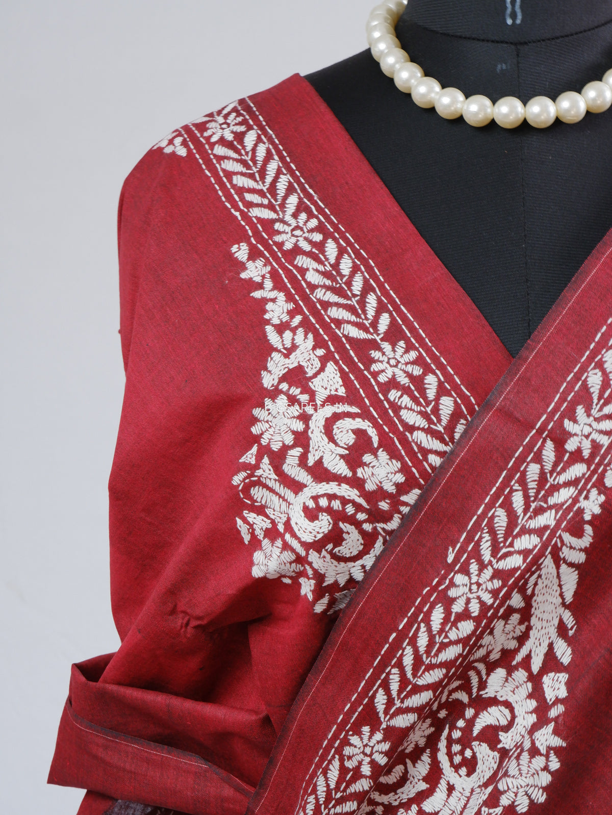 Kantha Stitch Hand-Embroidered Saree | Khadi Cotton | Maroon