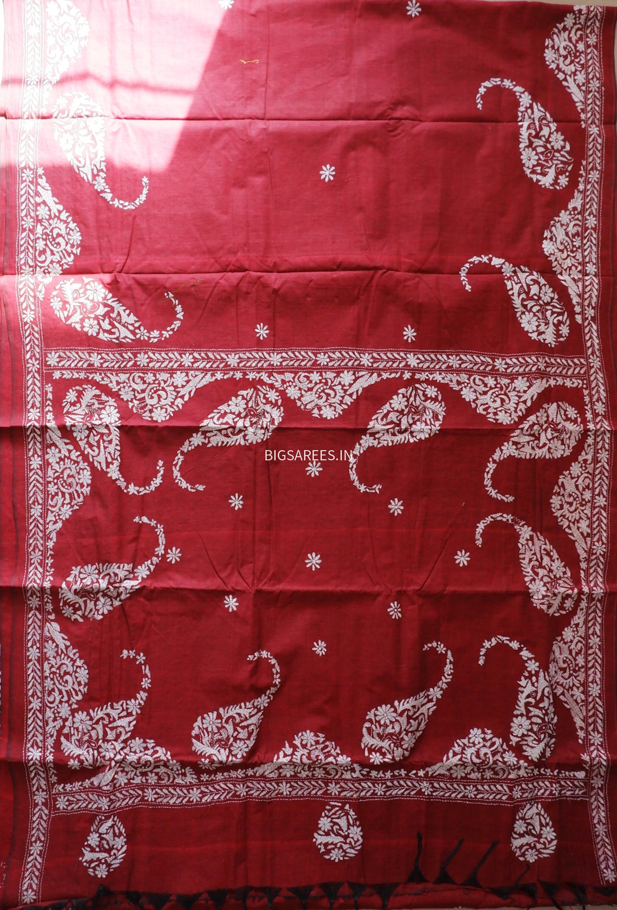 Kantha Stitch Hand-Embroidered Saree | Khadi Cotton | Maroon