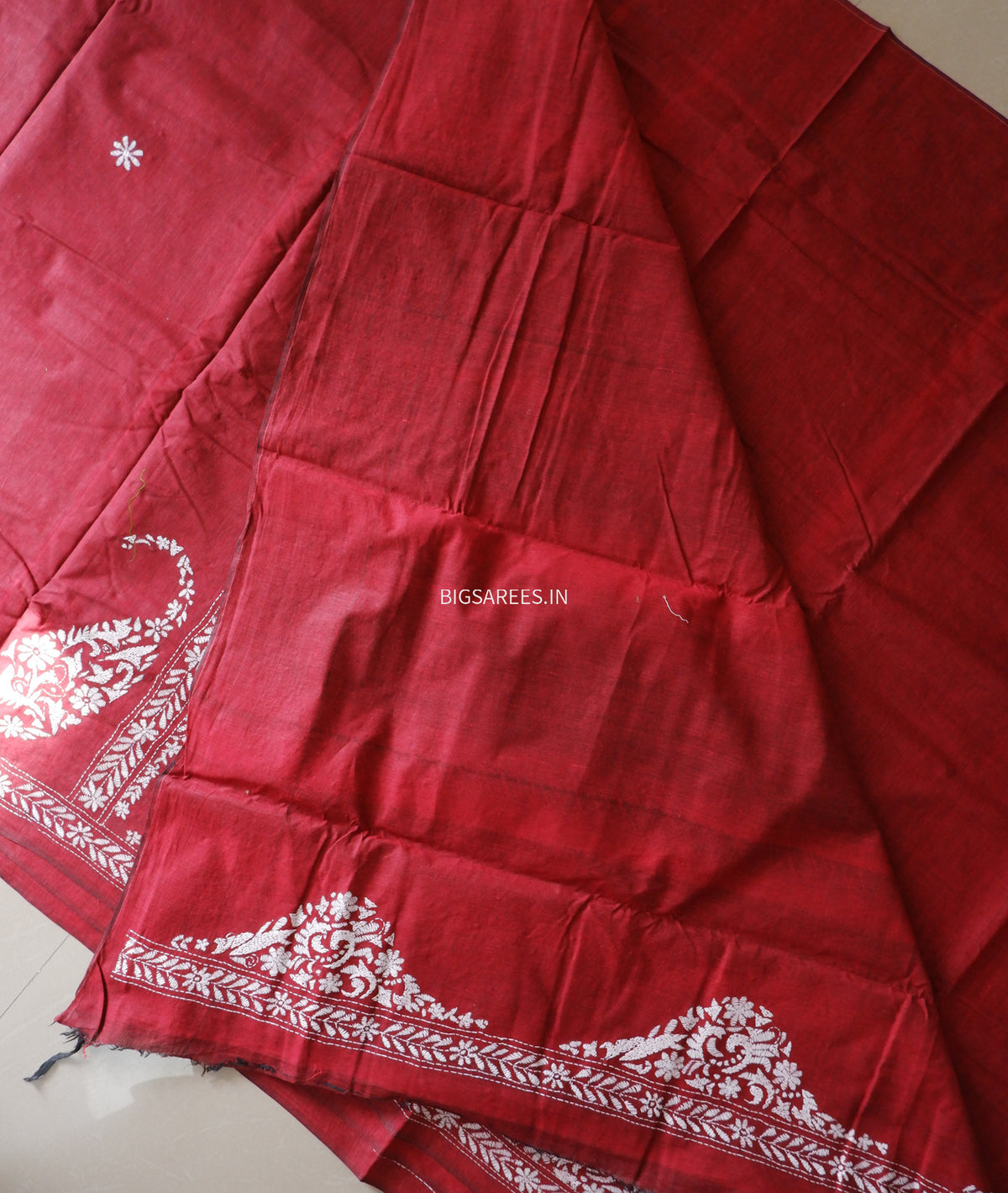 Kantha Stitch Hand-Embroidered Saree | Khadi Cotton | Maroon