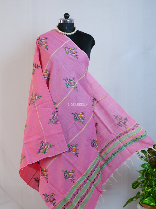 Hand Embroidered Kantha-Stitch Dupatta | Pure Khesh Cotton | Pink
