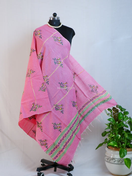 Hand Embroidered Kantha-Stitch Dupatta | Pure Khesh Cotton | Pink