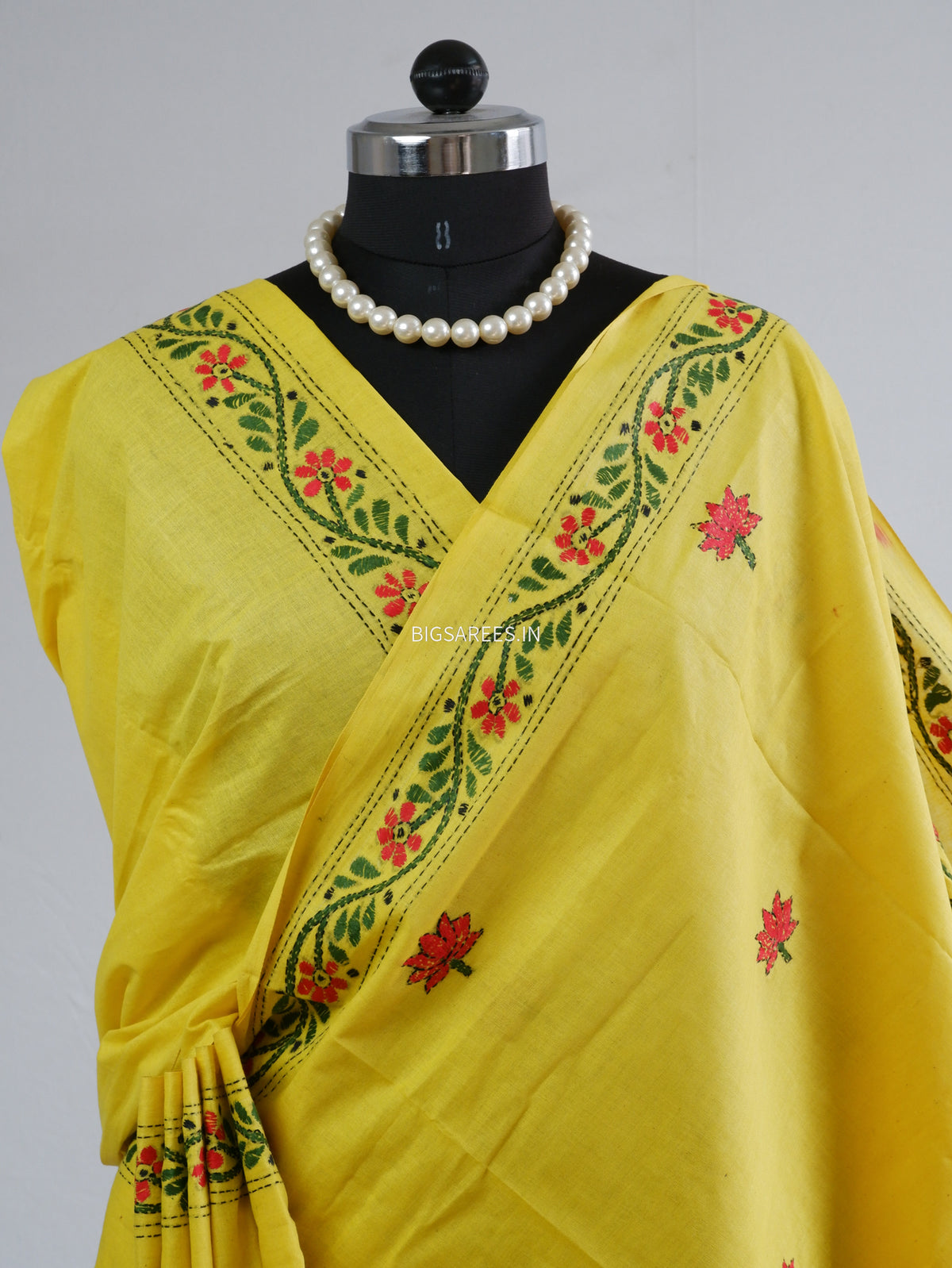 Kantha Hand-Embroidered Saree | Pure Khadi Cotton | Yellow