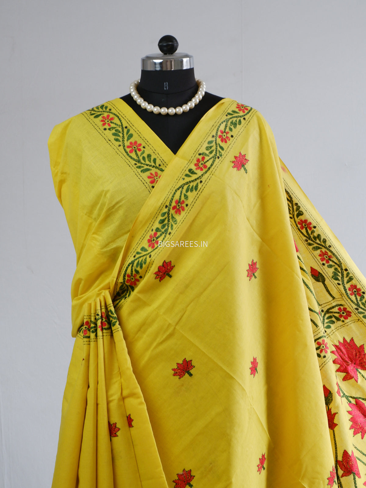 Kantha Hand-Embroidered Saree | Pure Khadi Cotton | Yellow