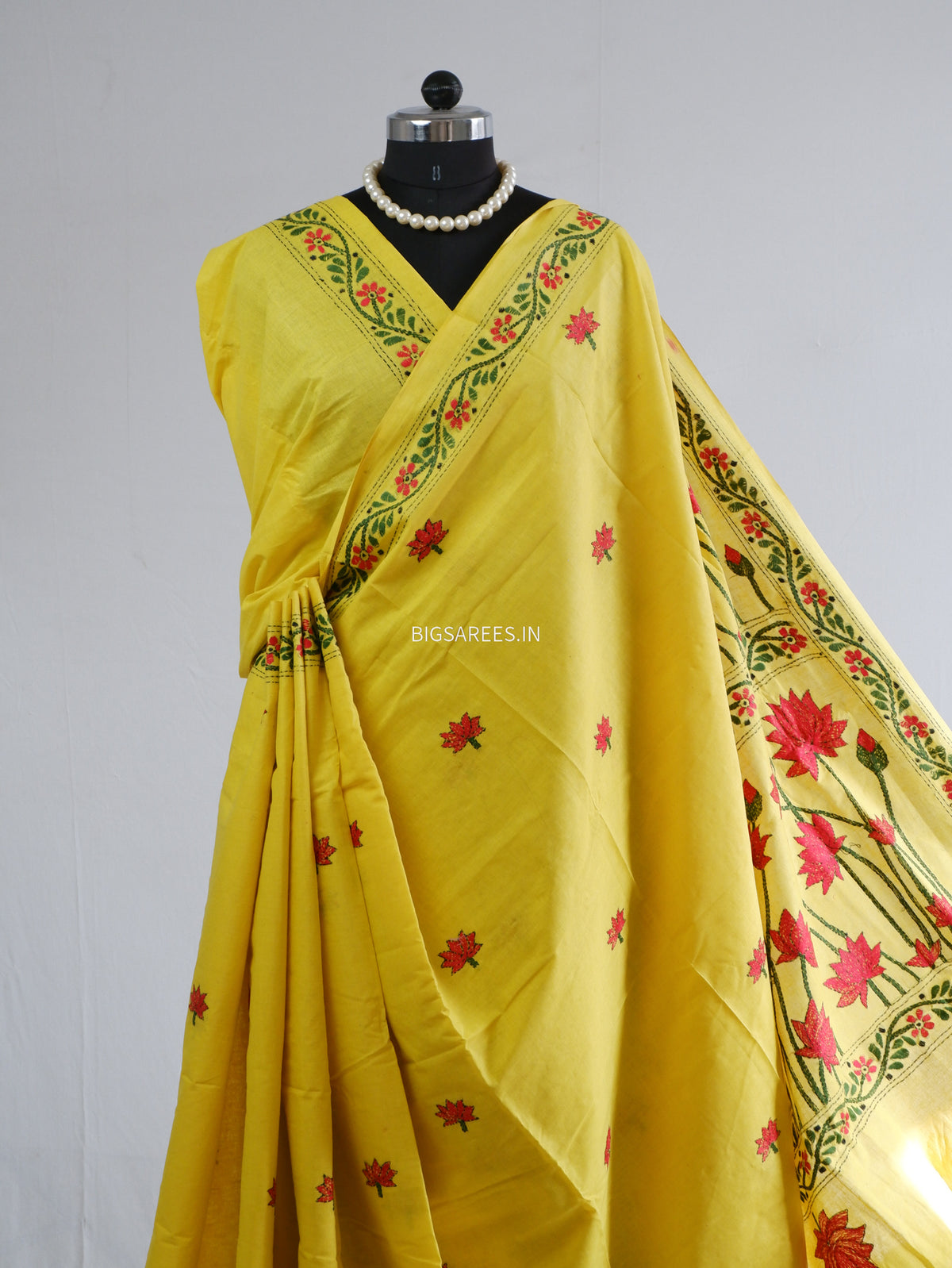 Kantha Hand-Embroidered Saree | Pure Khadi Cotton | Yellow