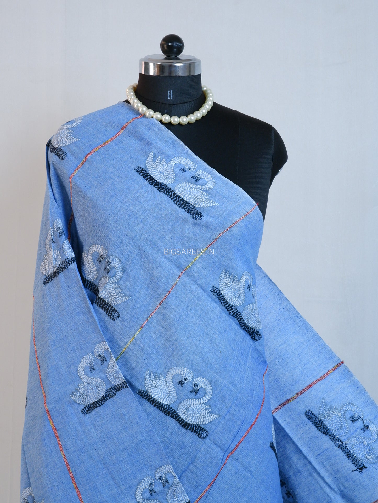 Hand Embroidered Kantha-Stitch Dupatta | Pure Khesh Cotton | Blue
