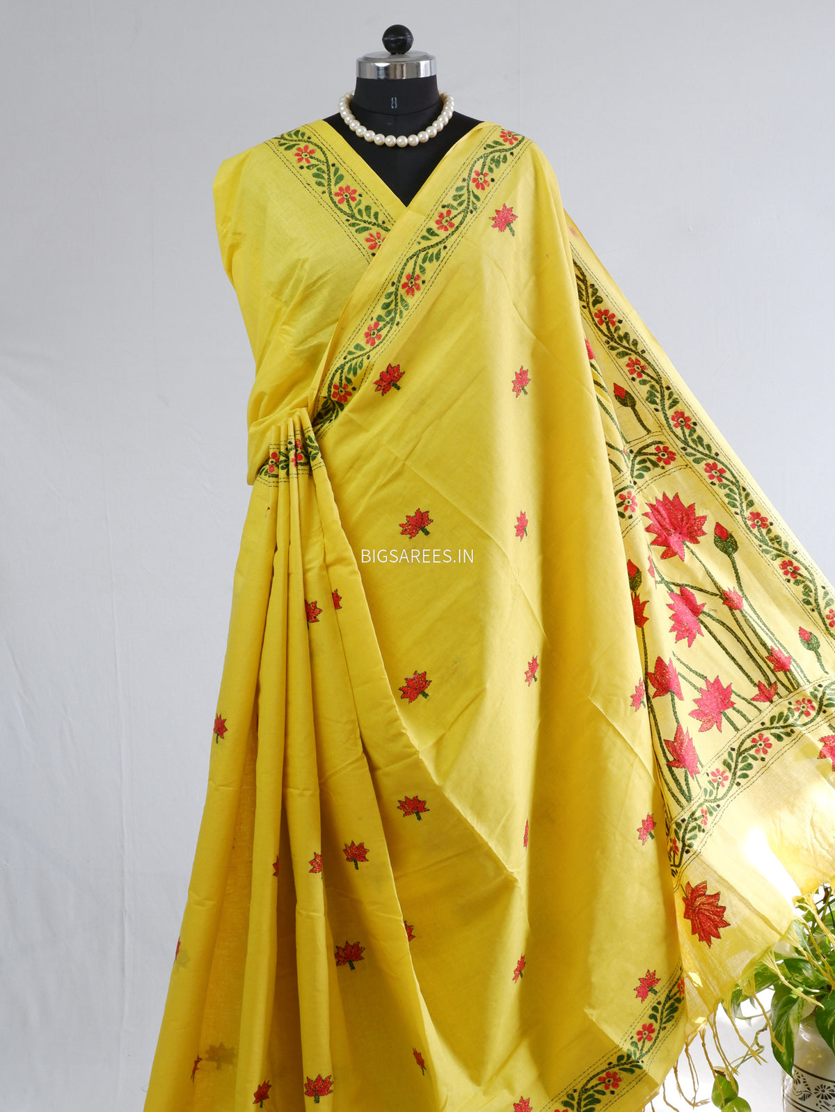 Kantha Hand-Embroidered Saree | Pure Khadi Cotton | Yellow