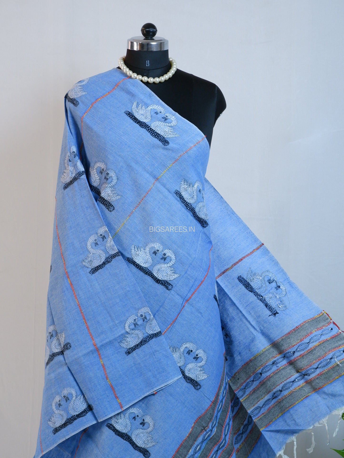 Hand Embroidered Kantha-Stitch Dupatta | Pure Khesh Cotton | Blue