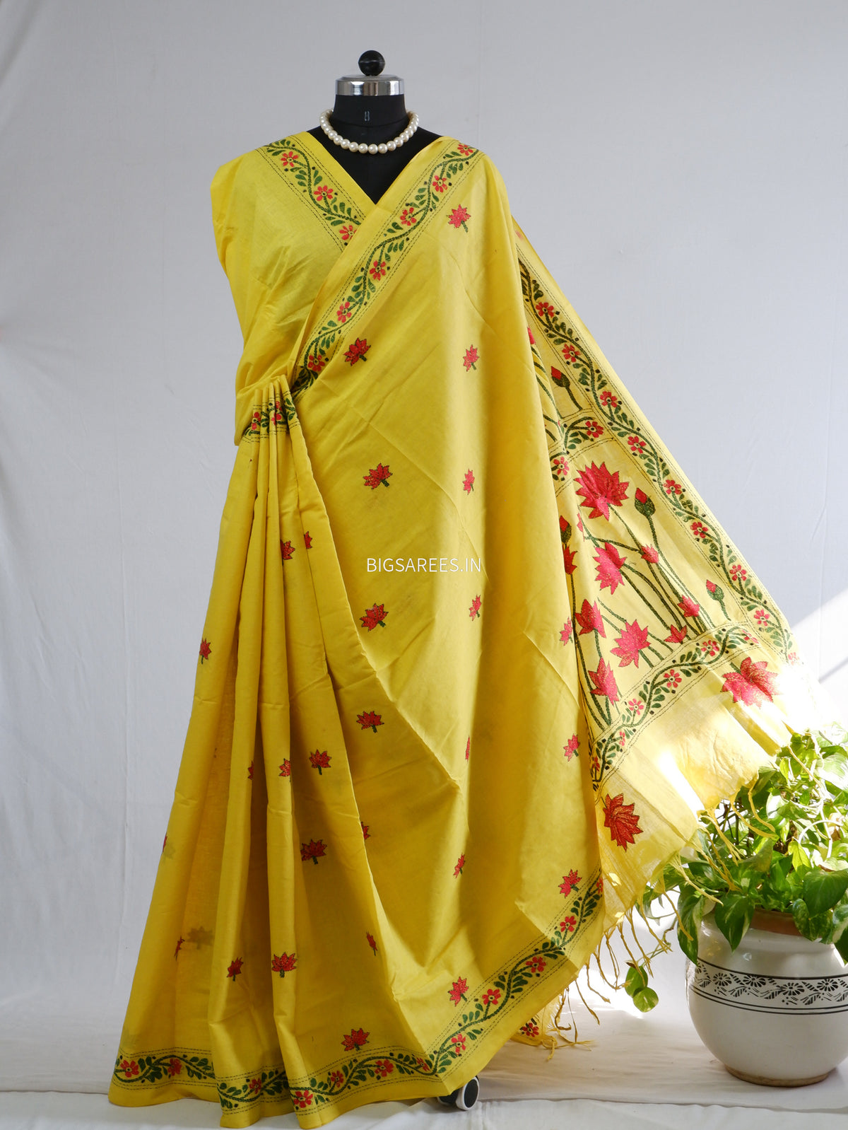Kantha Hand-Embroidered Saree | Pure Khadi Cotton | Yellow