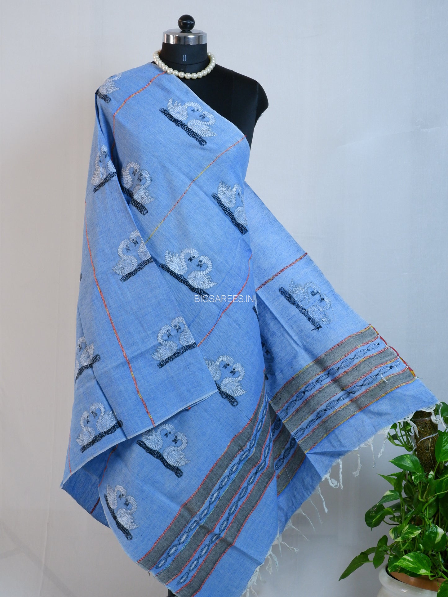 Hand Embroidered Kantha-Stitch Dupatta | Pure Khesh Cotton | Blue