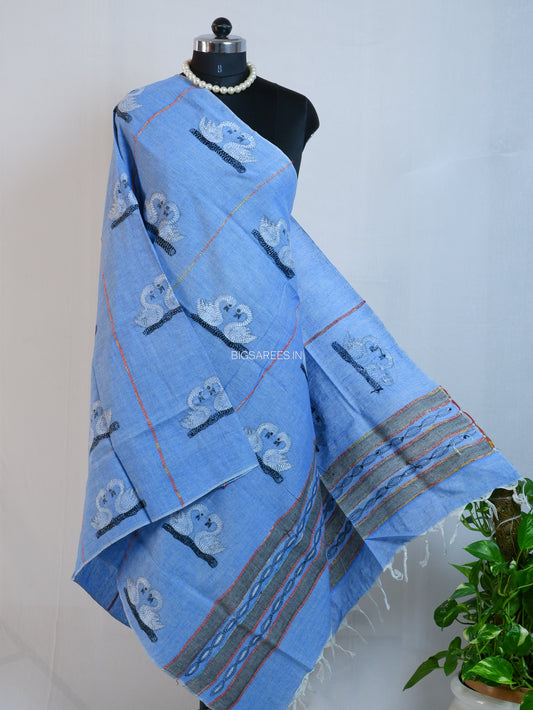 Hand Embroidered Kantha-Stitch Dupatta | Pure Khesh Cotton | Blue